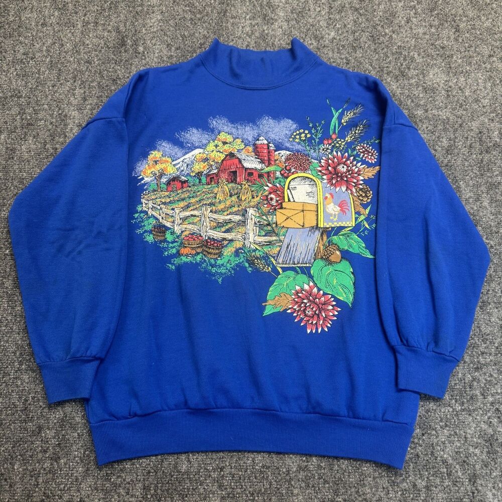 Vintage Act III Country Farm Crewneck Sweatshirt Women Sz L Blue 90s USA Made